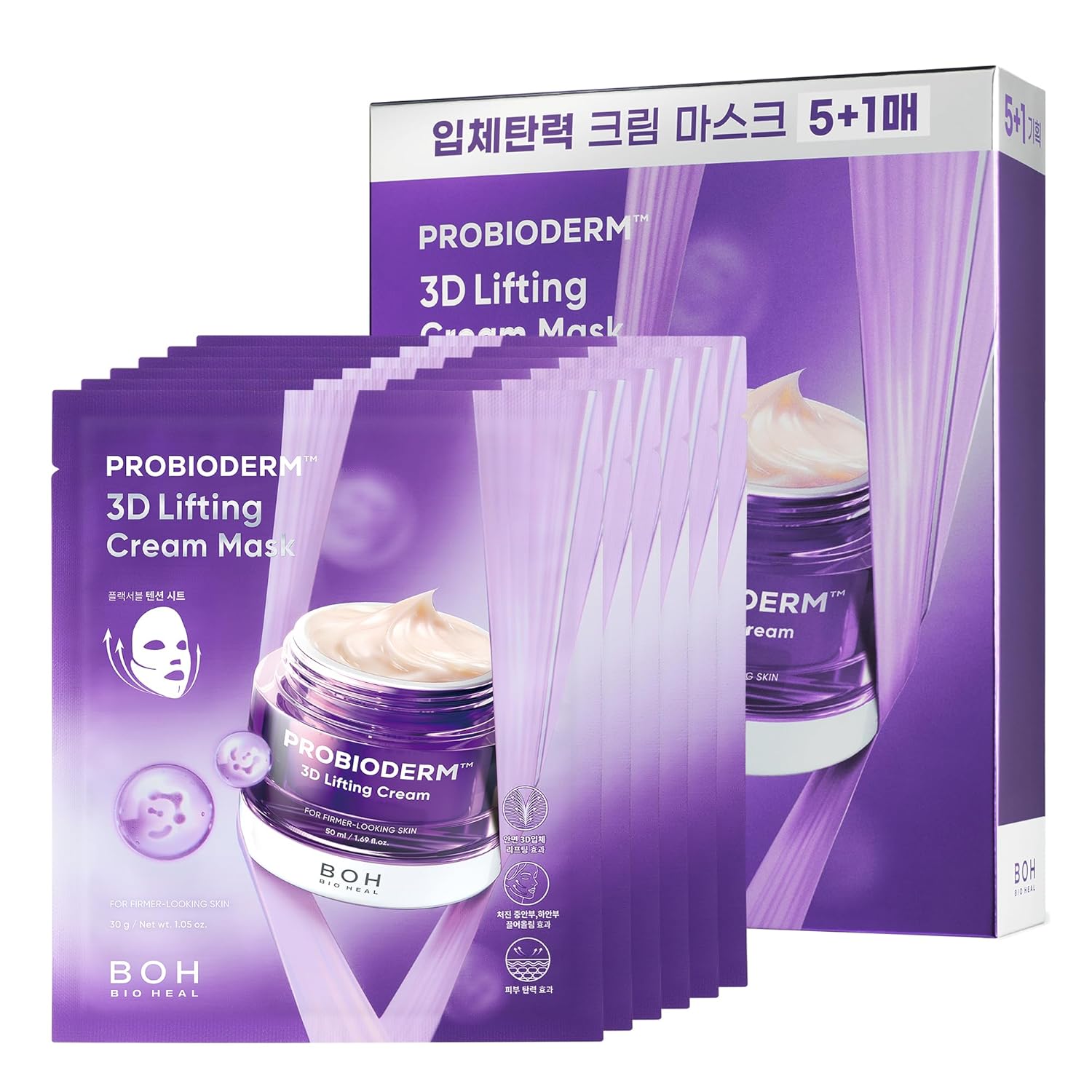 BIOHEAL BOH Probioderm 3D Lifting Cream Mask 6 Sheets | Korean Collagen Face Mask for Wrinkles, Firming & Anti-Aging | Probiotic Skincare Sheet for Sagging Skin, Instant Lift & Hydration